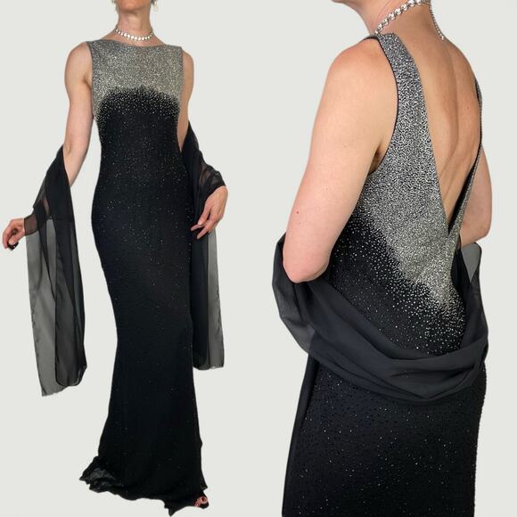 Sue Wong 100% silk beaded cocktail long dress maxi prom gown formal black 12 - Picture 1 of 17